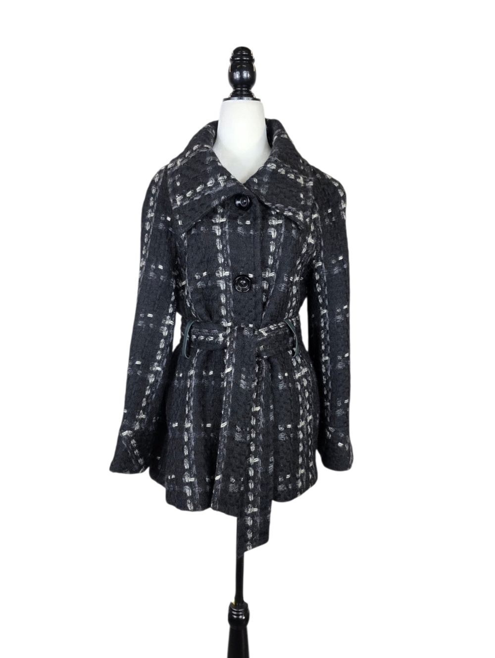 Vintage Votre Nom Tweed plaid wool &Mohair blend leather belt bell sleeves coat